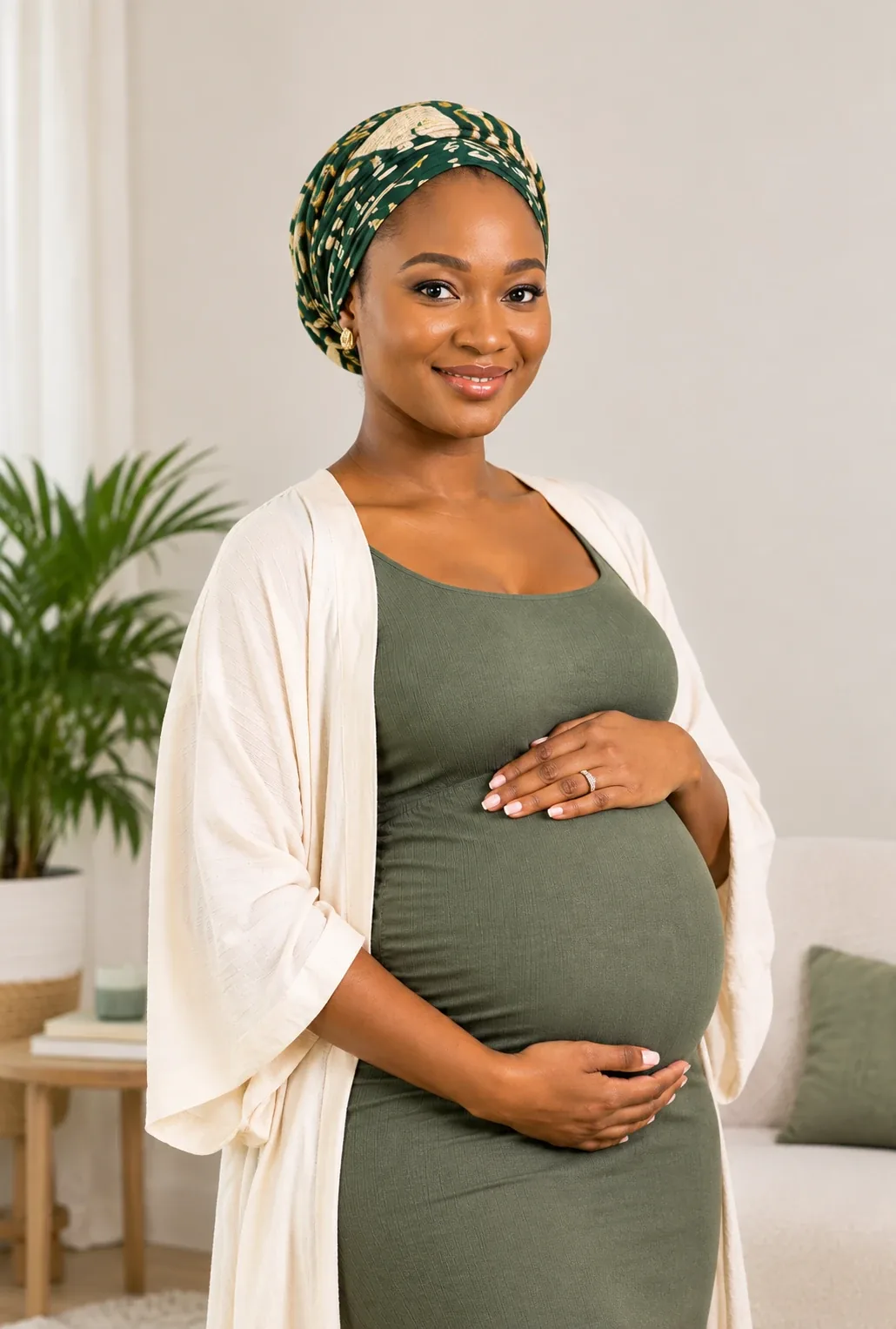 A pregnant woman resting by a window with a cup of tea